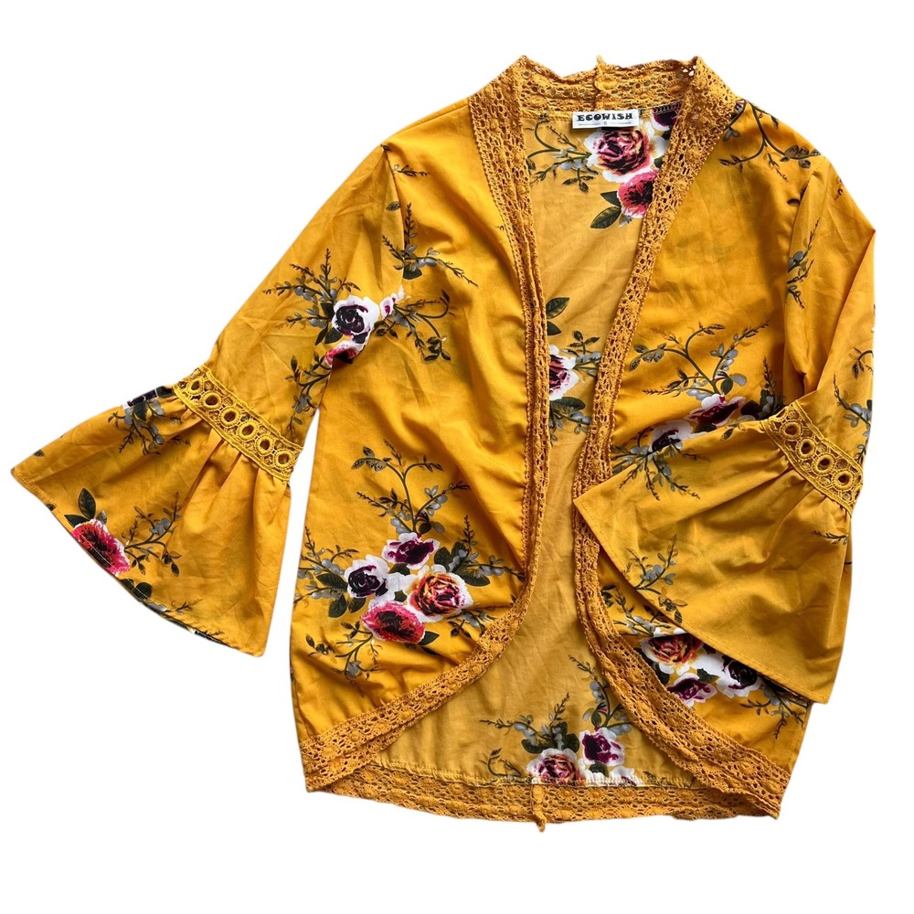 ECOWISH Women's Sm Gold Yellow Floral Bell Sleeve Lace Trim Kimono Cardigan Boho